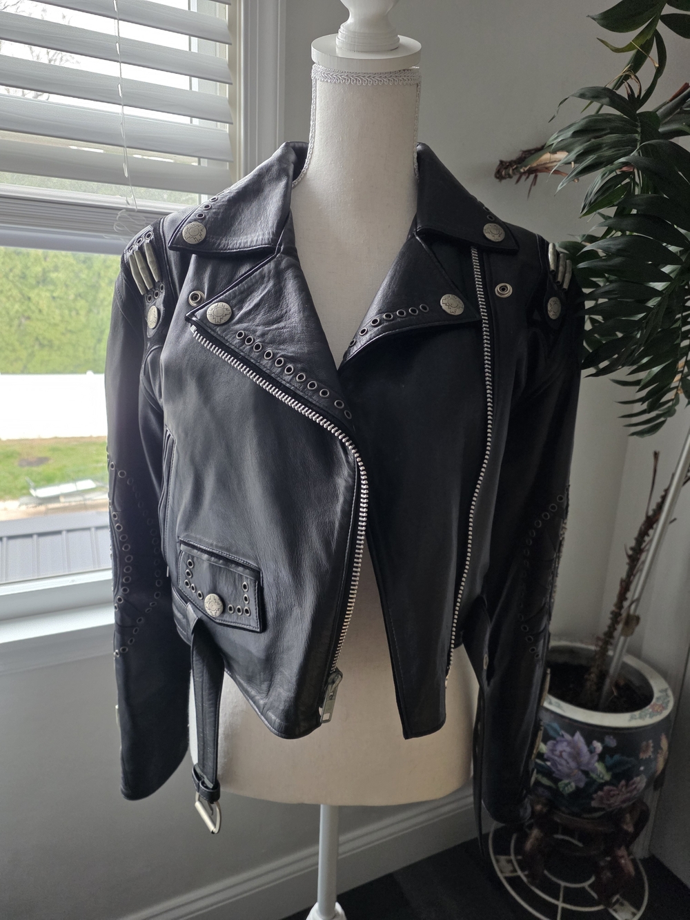 Black Studded Leather Biker Jacket - Women